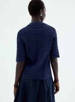 100% cotton openwork shirt-collar cardigan