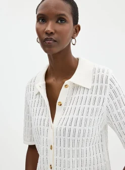 100% cotton openwork shirt-collar cardigan