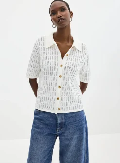100% cotton openwork shirt-collar cardigan