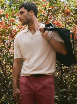 100% linen knit Johnny collar polo