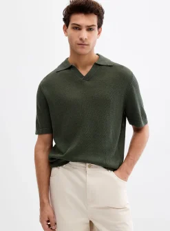 100% linen knit Johnny collar polo