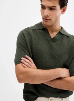 100% linen knit Johnny collar polo