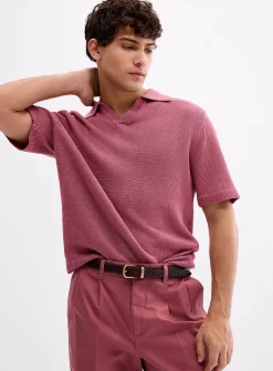 100% linen knit Johnny collar polo