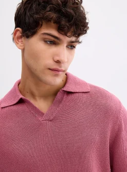 100% linen knit Johnny collar polo