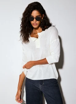 3/4 sleeves sheer knit Henley sweater
