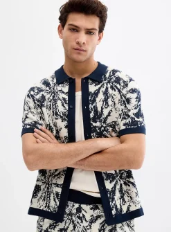 Abstract jacquard knit polo-collar cardigan
