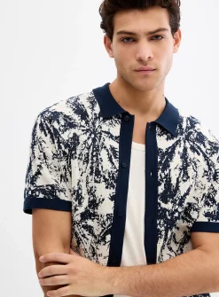 Abstract jacquard knit polo-collar cardigan