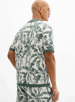 Abstract jacquard knit polo-collar cardigan