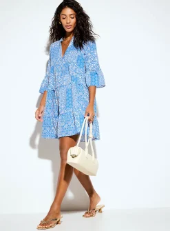 Accent ruffles V-neck printed tunic dress