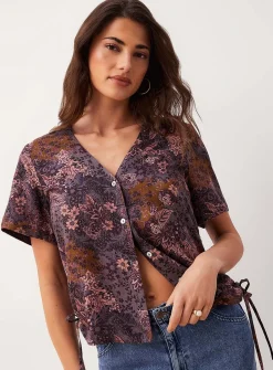Adjustable-waist V-neck boxy-fit blouse