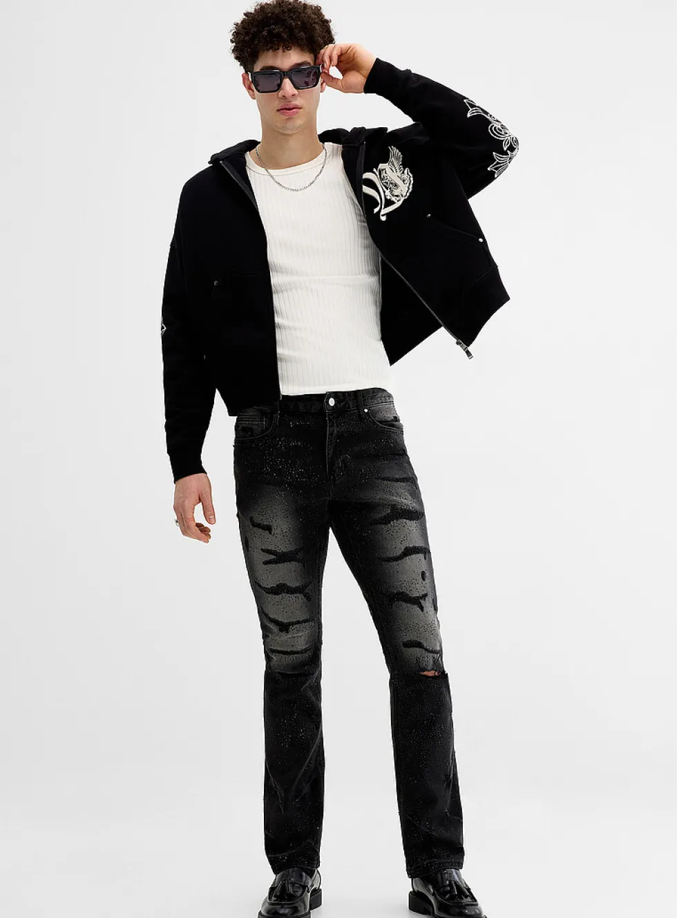 All-over rhinestone black ripped jean