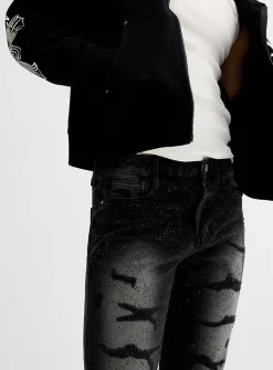 All-over rhinestone black ripped jean