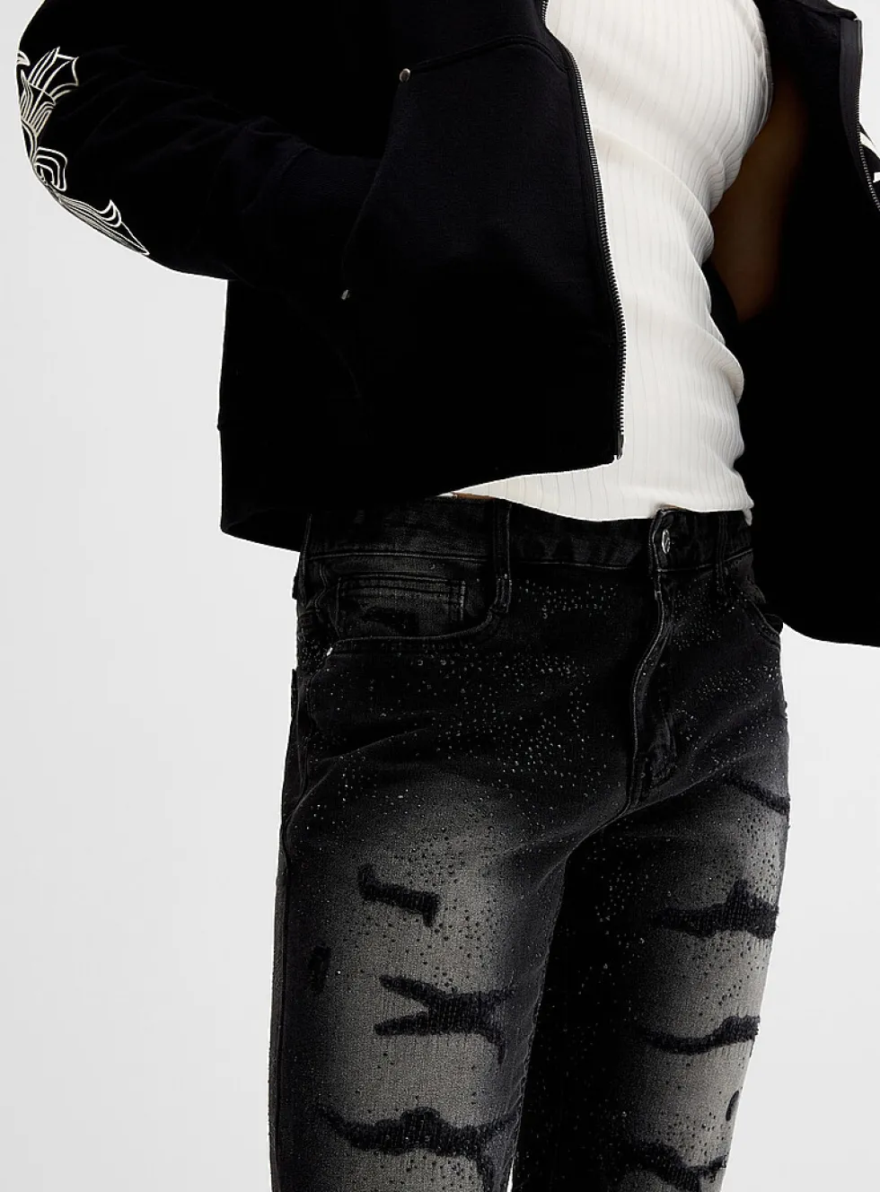 All-over rhinestone black ripped jean