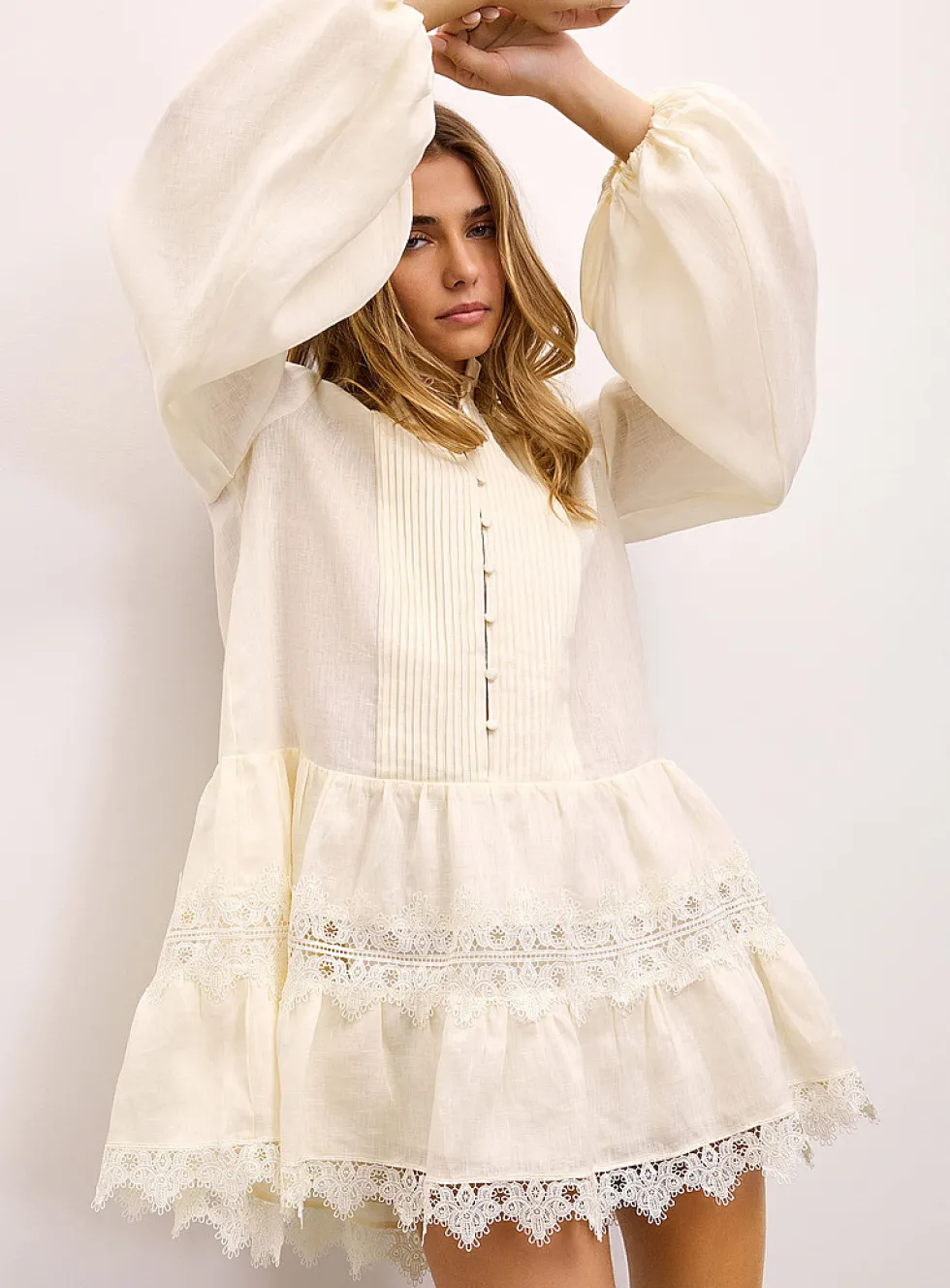 Antonia lace-accent puff-sleeve minidress
