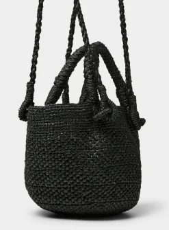 Arona black braided raffia mini bucket bag