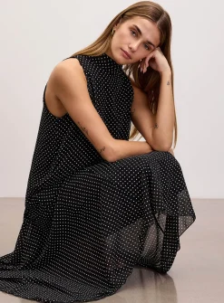Asymmetric polka-dotted chiffon scarf-collar dress