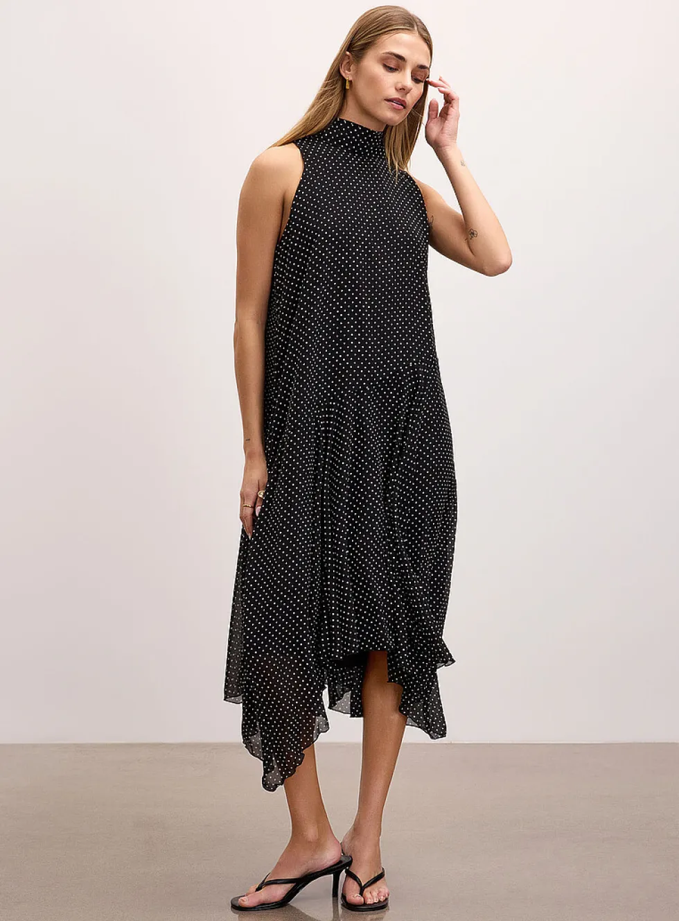 Asymmetric polka-dotted chiffon scarf-collar dress