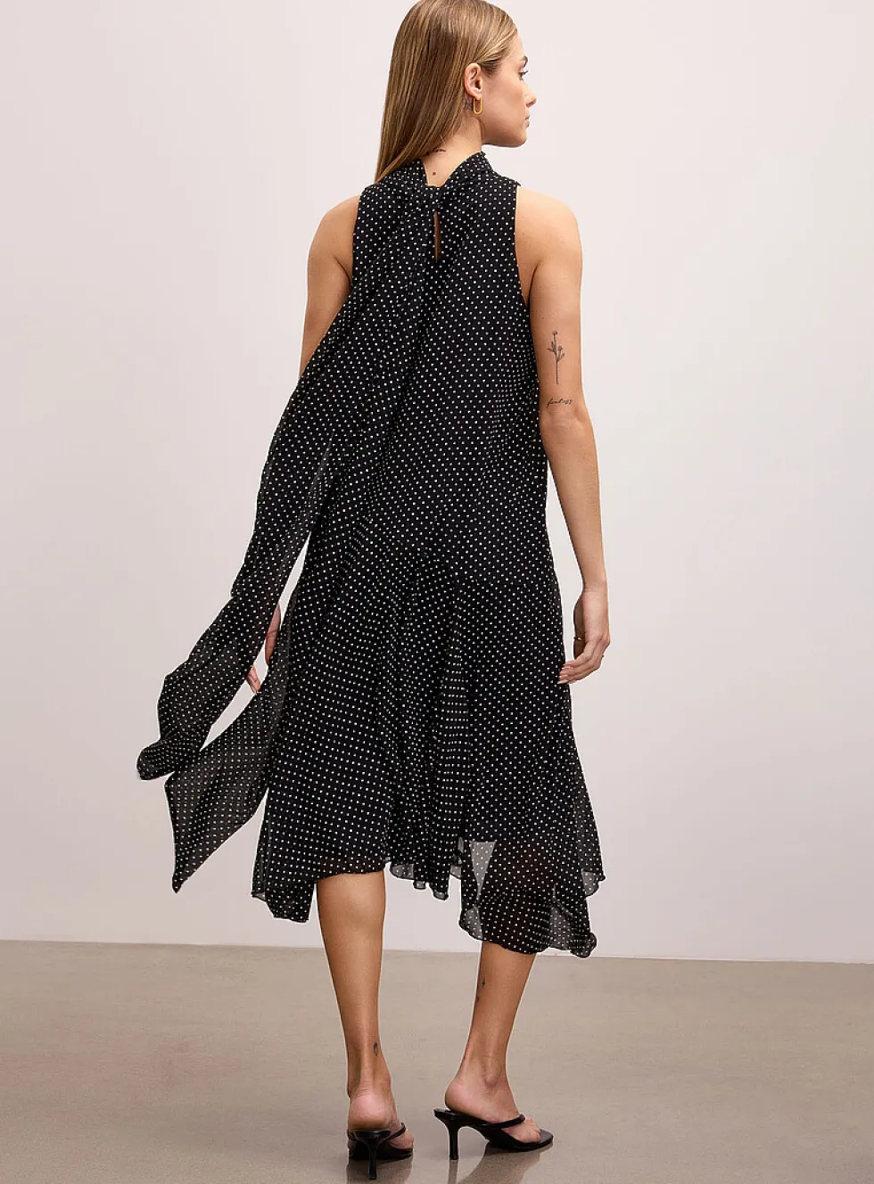 Asymmetric polka-dotted chiffon scarf-collar dress