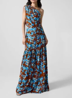 Asymmetrical pictorial floral maxi dress