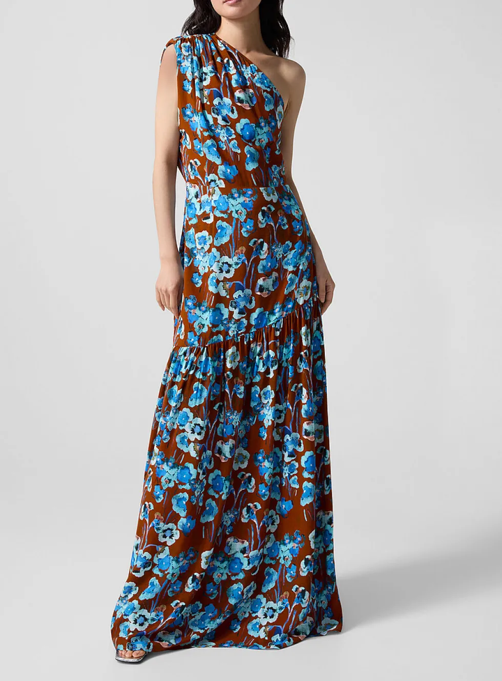 Asymmetrical pictorial floral maxi dress