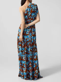 Asymmetrical pictorial floral maxi dress