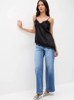Asymmetrical satin and lace cami