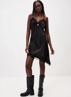 Asymmetrical satin and lace dress