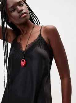 Asymmetrical satin and lace dress