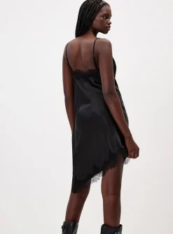 Asymmetrical satin and lace dress