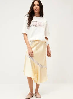 Asymmetrical satin-lace midi skirt