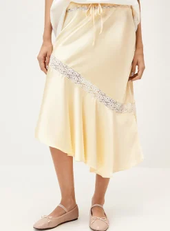 Asymmetrical satin-lace midi skirt