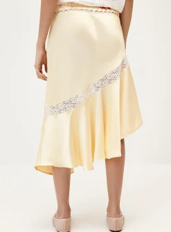 Asymmetrical satin-lace midi skirt