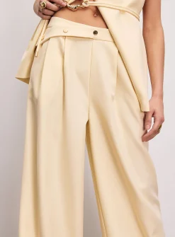 Asymmetric-belt pleated wide-leg pant