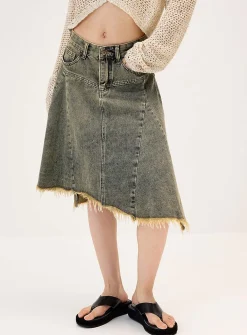 Asymmetric-hem denim midi skirt