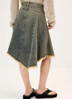 Asymmetric-hem denim midi skirt