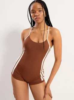 Athletic stripe boy-short one-piece