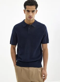 Basket-weave-knit textured polo