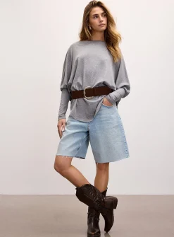 Batwing-sleeve boat-neck belted T-shirt