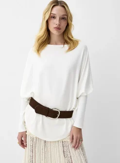 Batwing-sleeve boat-neck belted T-shirt