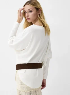 Batwing-sleeve boat-neck belted T-shirt