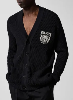 Beaded coat-of-arms ribbed cardigan