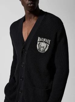 Beaded coat-of-arms ribbed cardigan