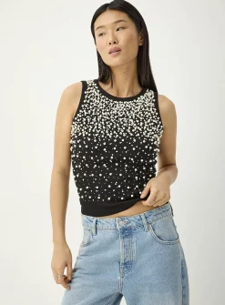 Beads and crystals fine ribbing cami