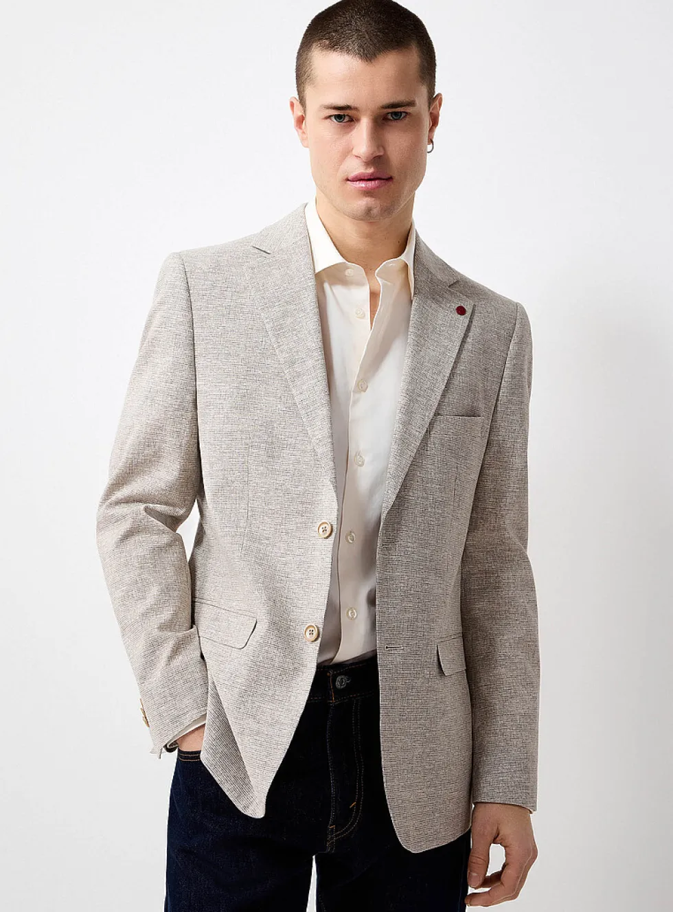 Beige linen-blend micro-pattern jacket