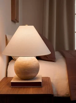 Beige travertine spherical base table lamp