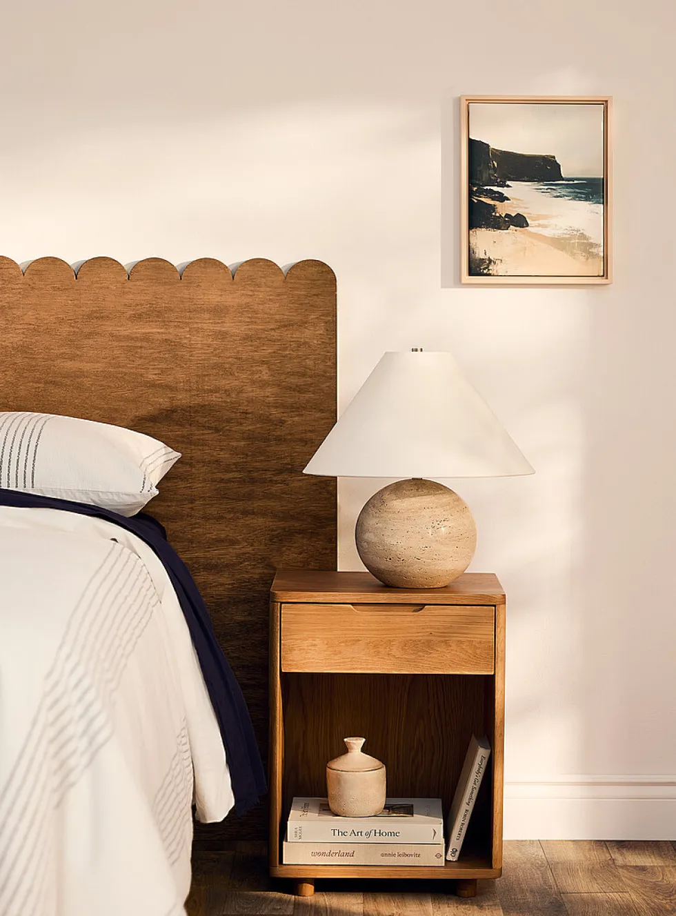 Beige travertine spherical base table lamp