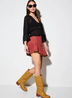 Bell sleeve sheer chiffon tie-front blouse