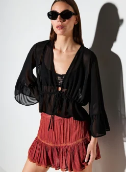 Bell sleeve sheer chiffon tie-front blouse