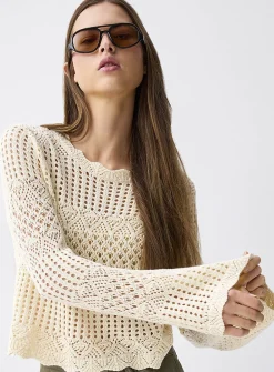 Bell-sleeve crocheted sweater