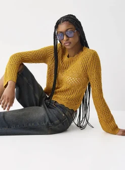 Bell-sleeve crocheted sweater
